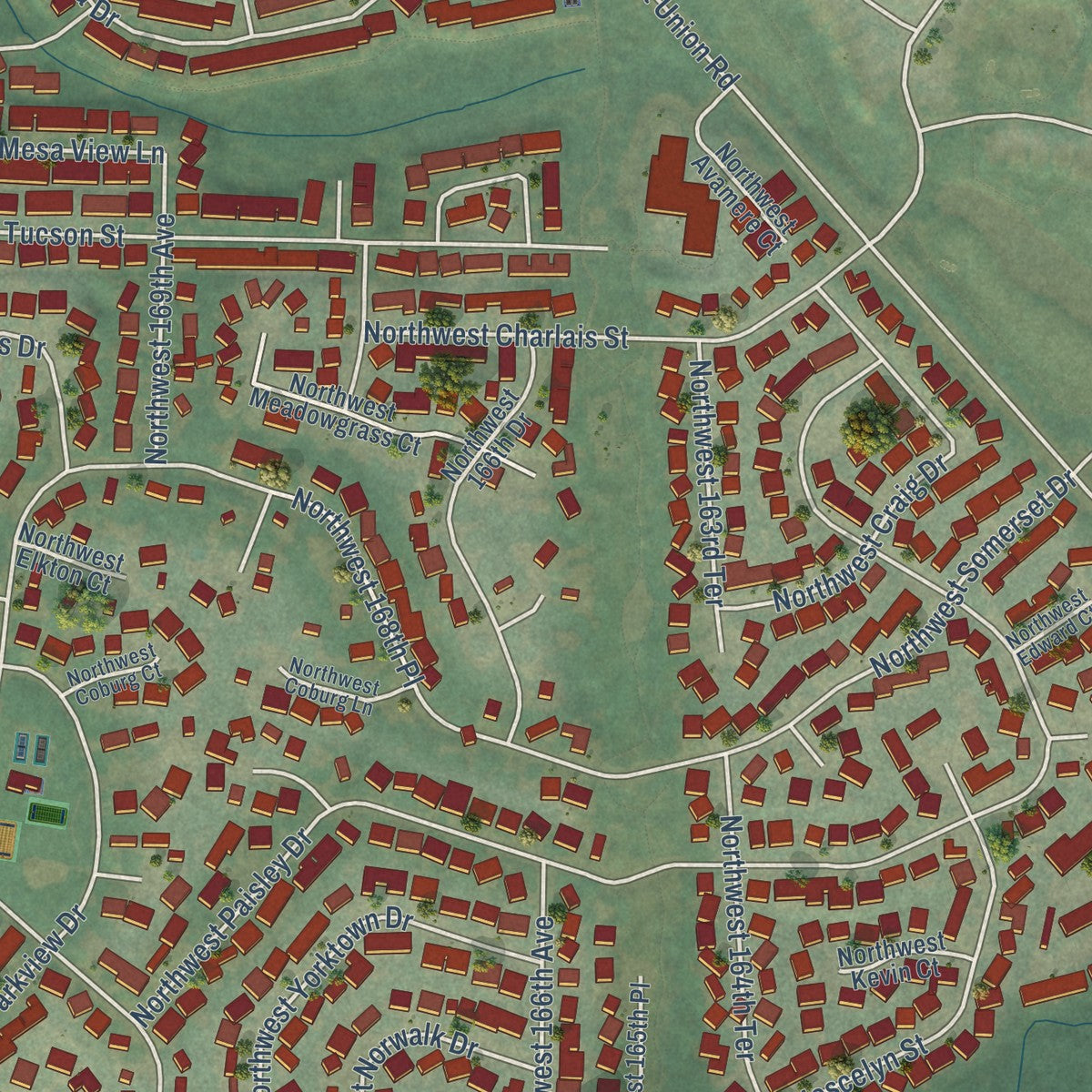 Second close-up of the map of Oak Hills, Oregon print showing more streets and buildings