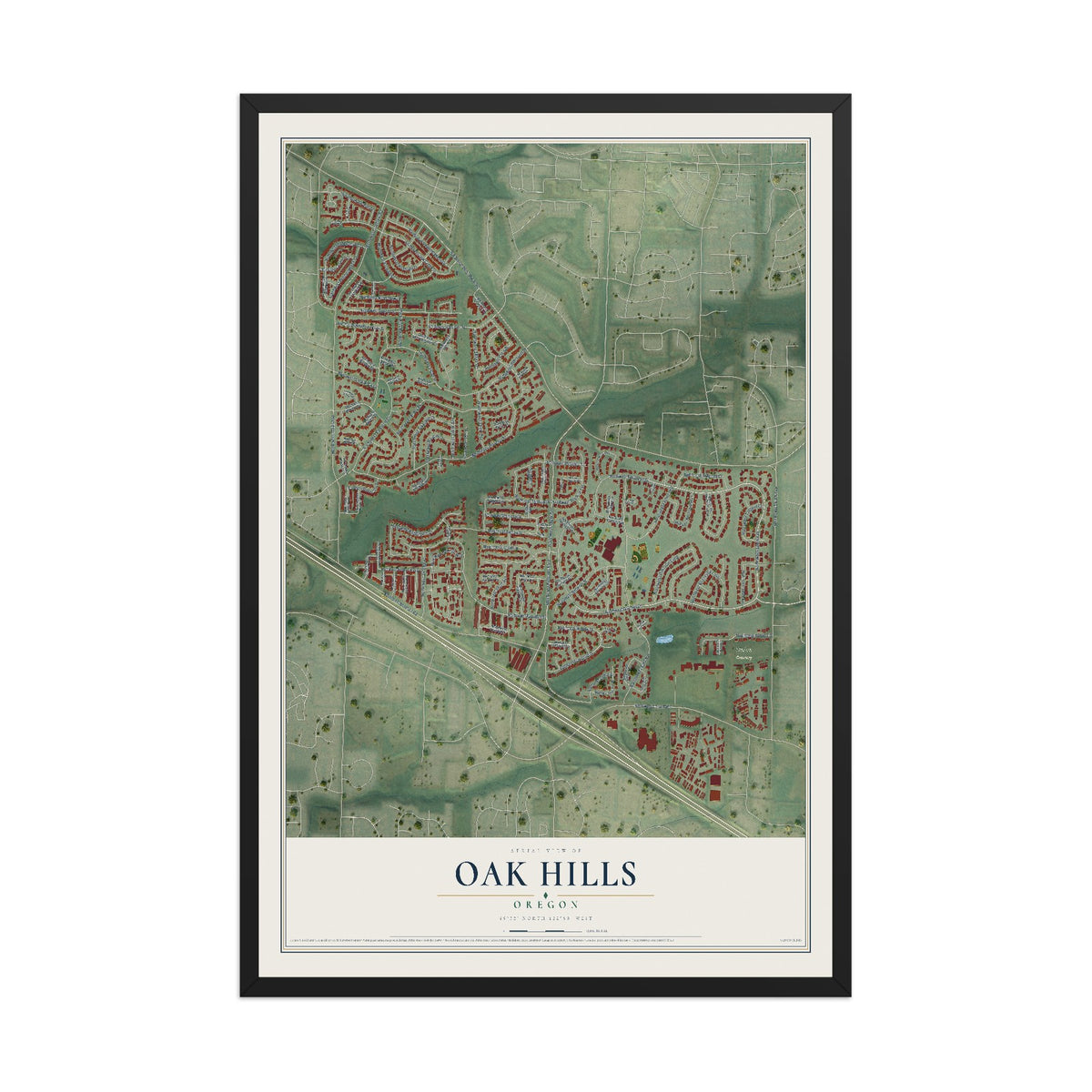 Map of Oak Hills, Oregon, 12 x 18 inch print in a black wood frame