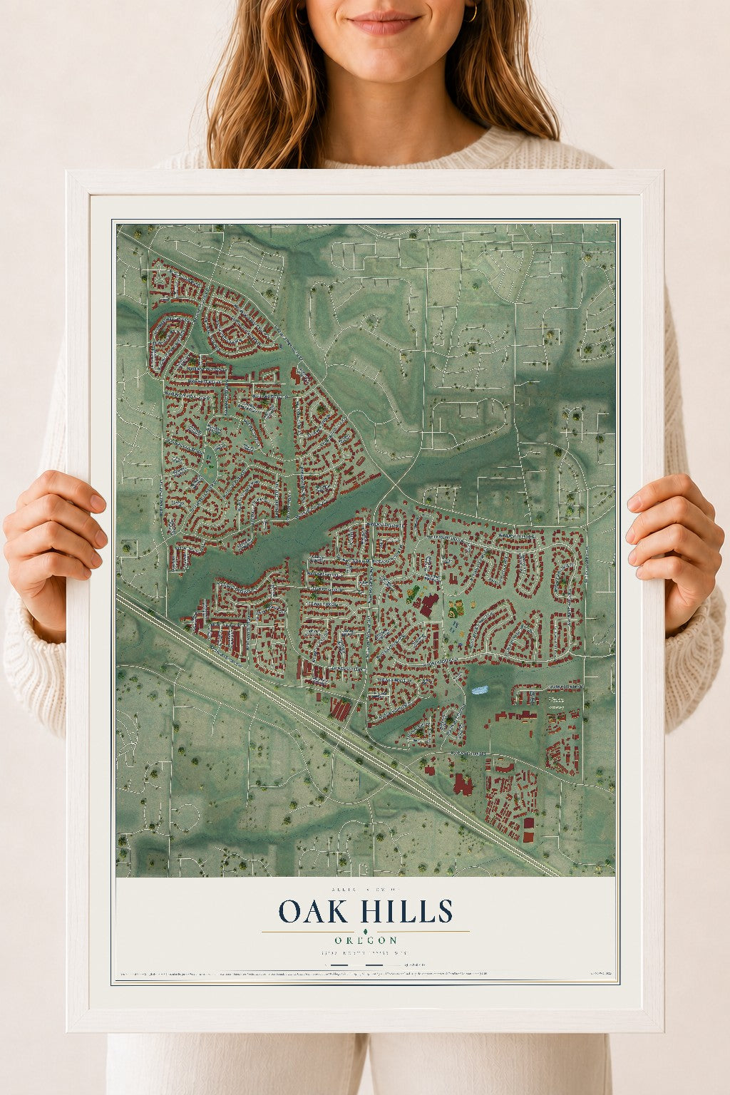 Map of Oak Hills, Oregon, 18 x 24 inch print in a white wood frame