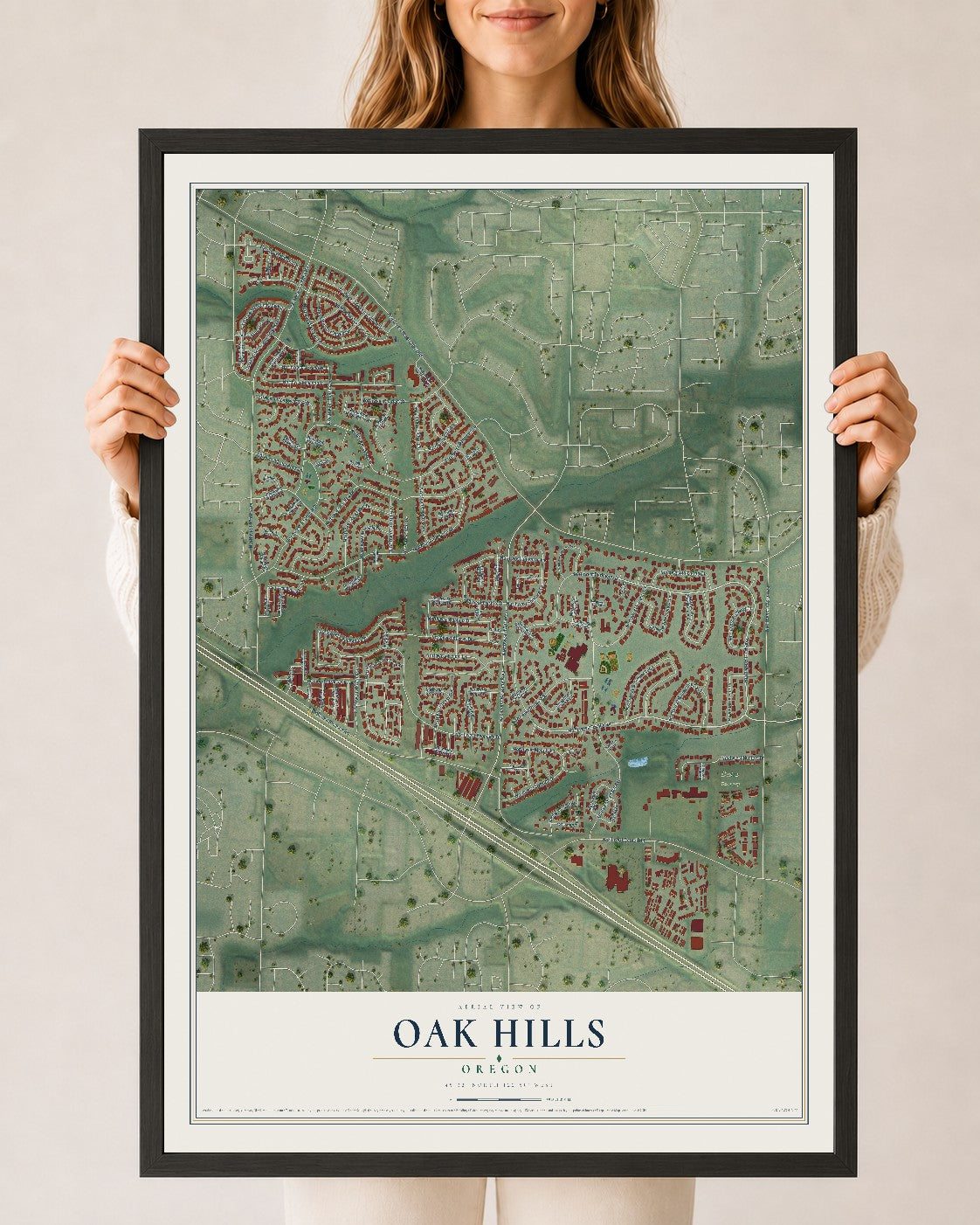 Map of Oak Hills, Oregon, 24 x 36 inch print in a black wood frame