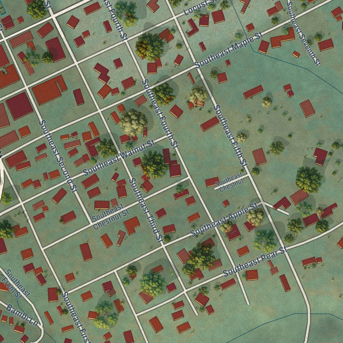 Close-up of the map of Oakland, Oregon print showing street and building detail