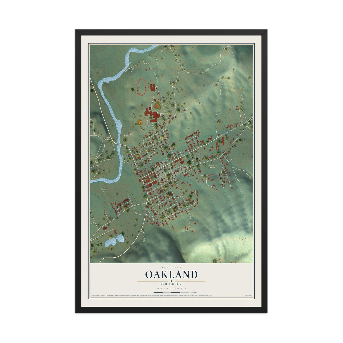 Map of Oakland, Oregon, 12 x 18 inch print in a black wood frame