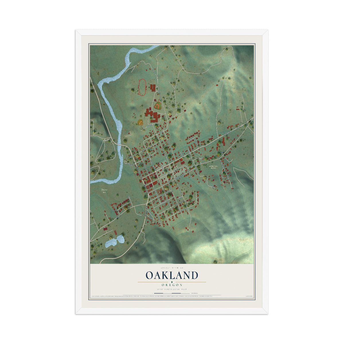 Map of Oakland, Oregon, 12 x 18 inch print in a white wood frame