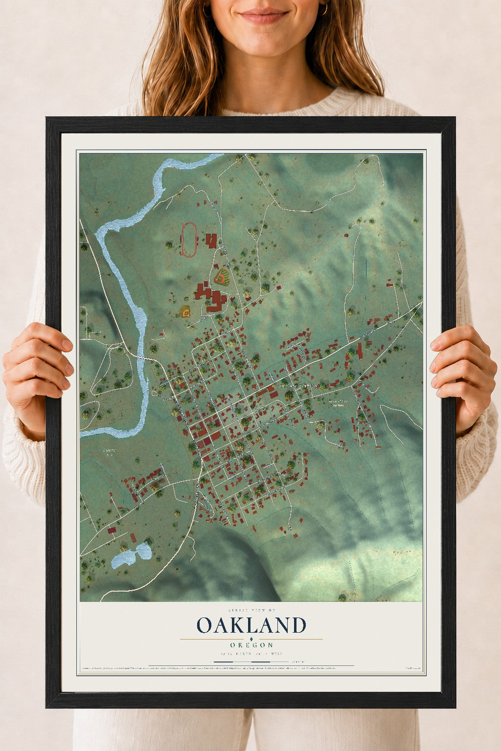 Map of Oakland, Oregon, 18 x 24 inch print in a black wood frame