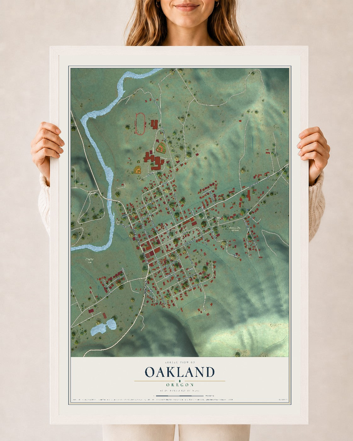 Map of Oakland, Oregon, 24 x 36 inch print in a white wood frame