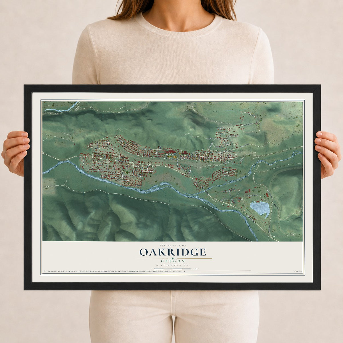 Map of Oakridge, Oregon, 12 x 18 inch print in a black wood frame