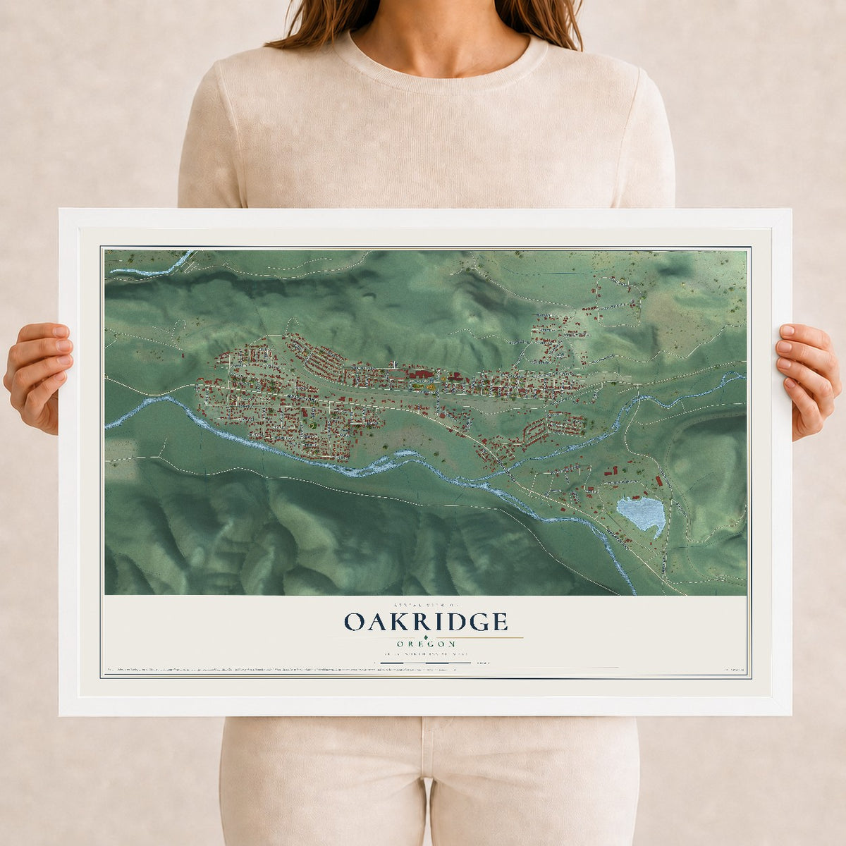 Map of Oakridge, Oregon, 12 x 18 inch print in a white wood frame