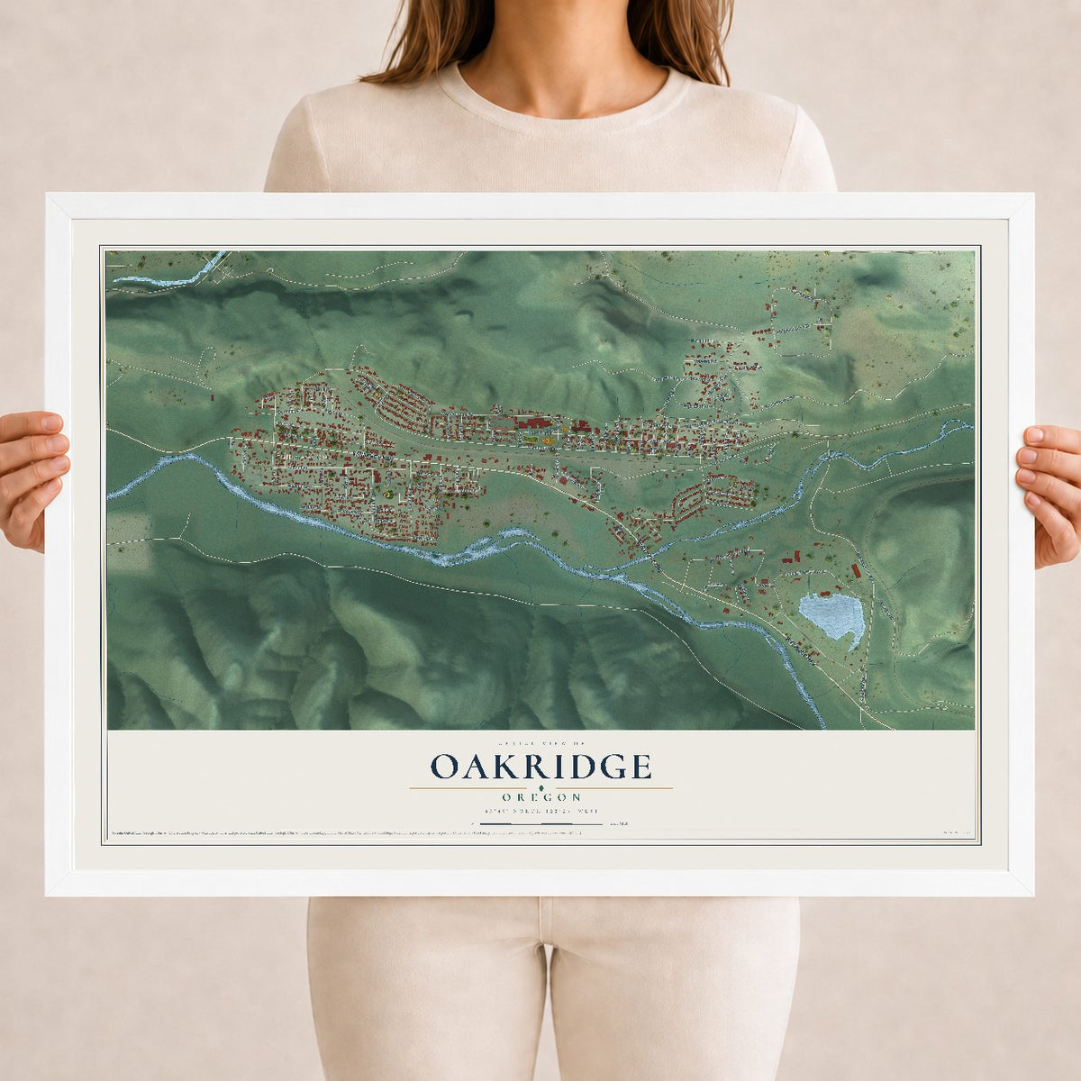 Map of Oakridge, Oregon, 18 x 24 inch print in a white wood frame