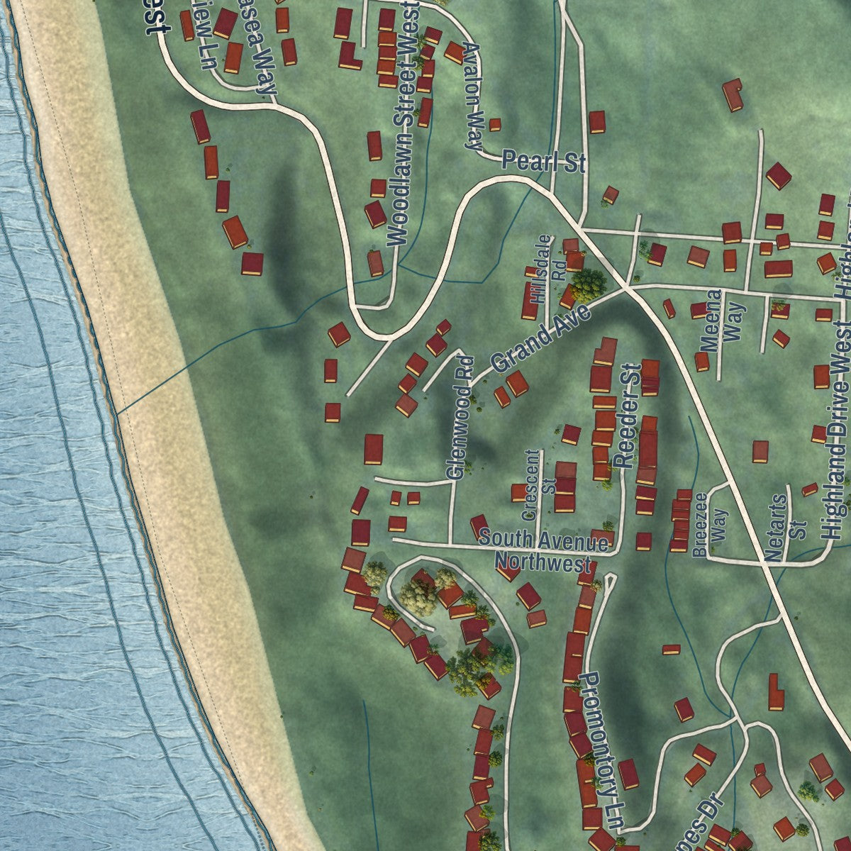 Close-up of the map of Oceanside, Oregon print showing street and building detail