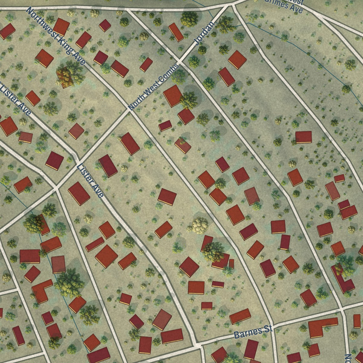 Close-up of the map of Ochoco West, Oregon print showing street and building detail