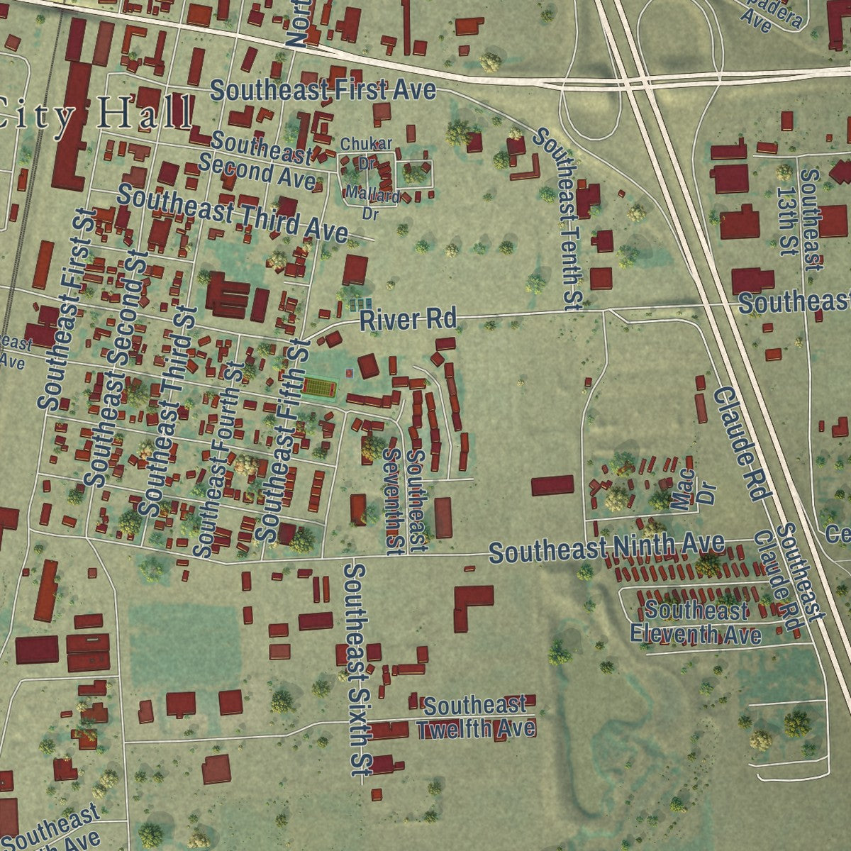 Second close-up of the map of Ontario, Oregon print showing more streets and buildings