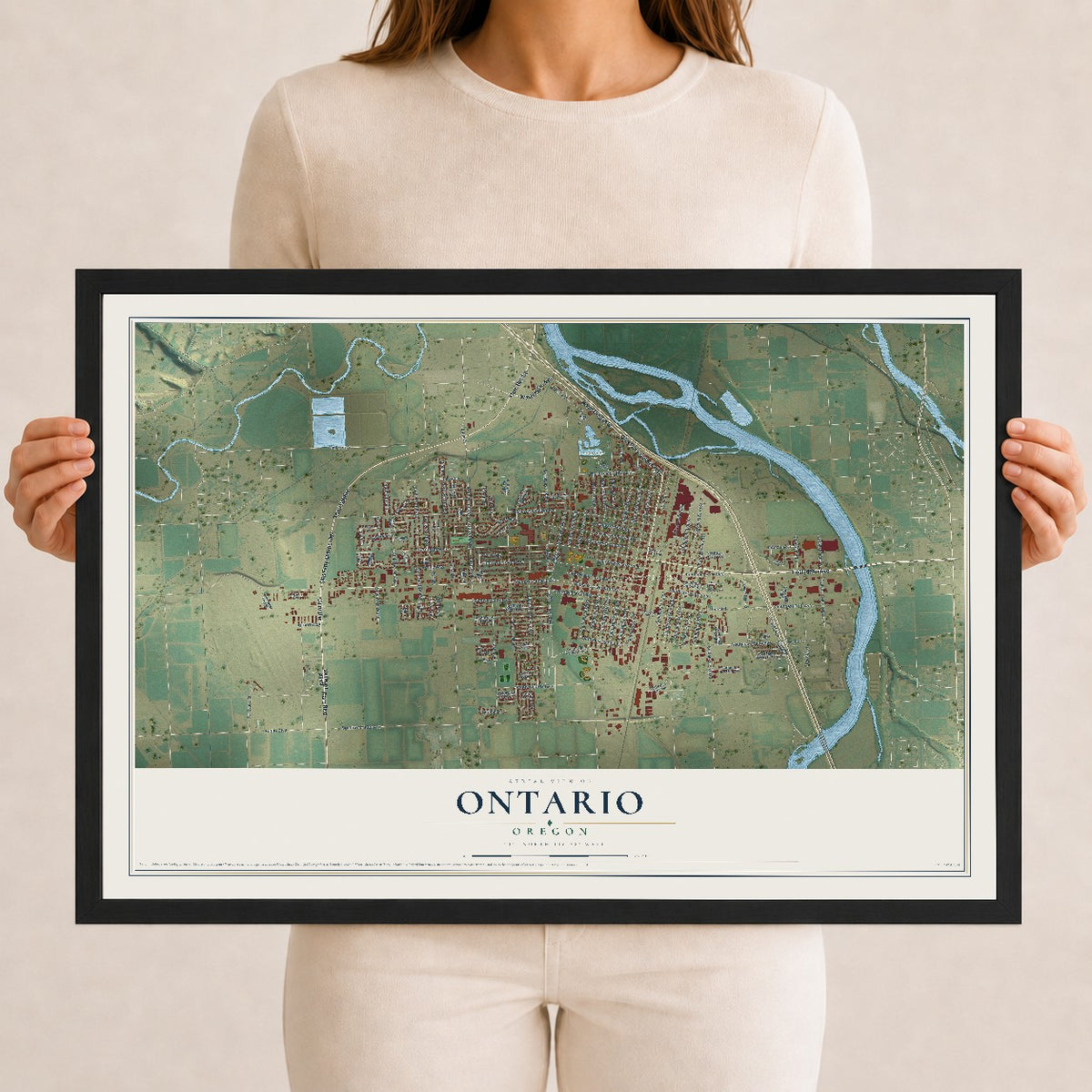 Map of Ontario, Oregon, 12 x 18 inch print in a black wood frame