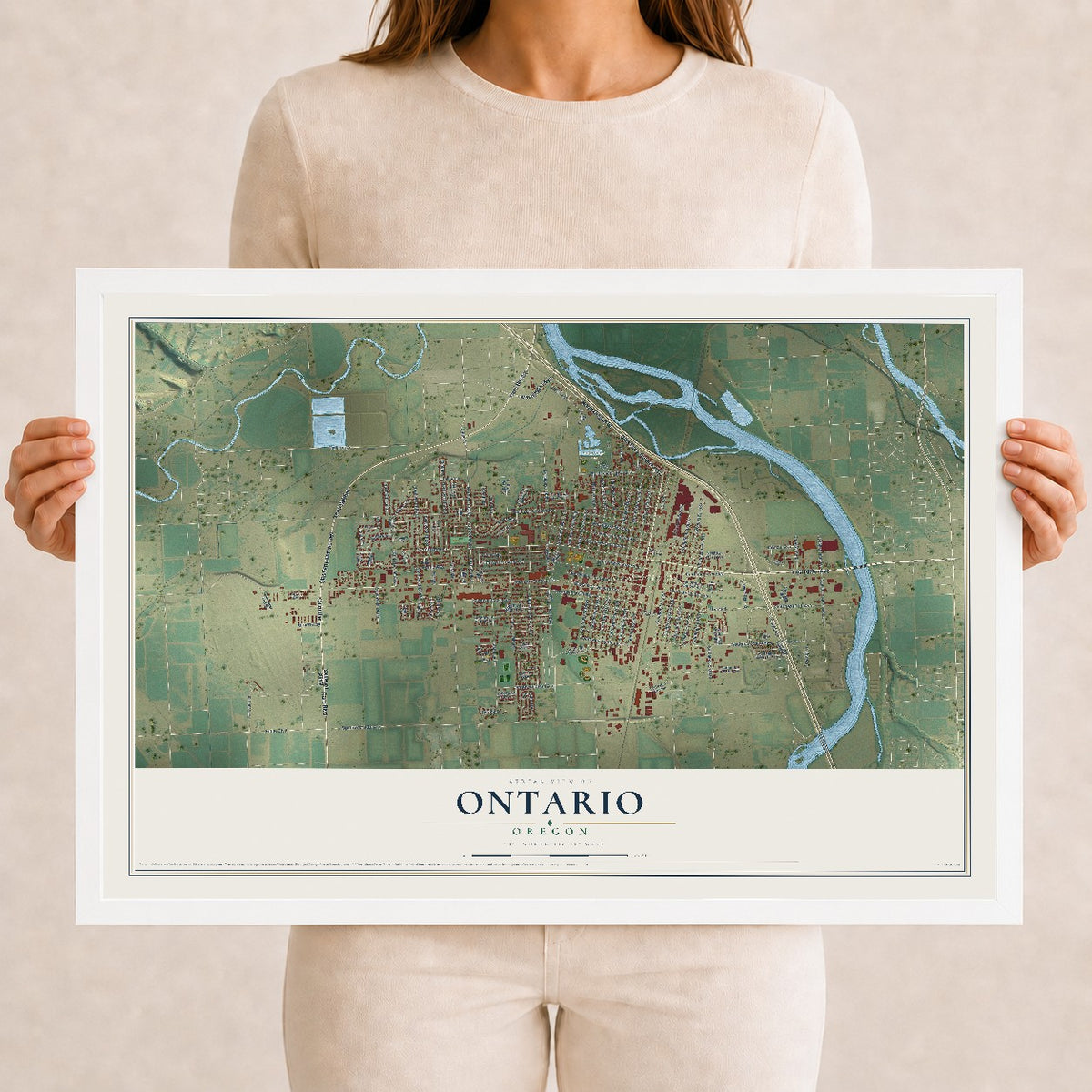 Map of Ontario, Oregon, 12 x 18 inch print in a white wood frame