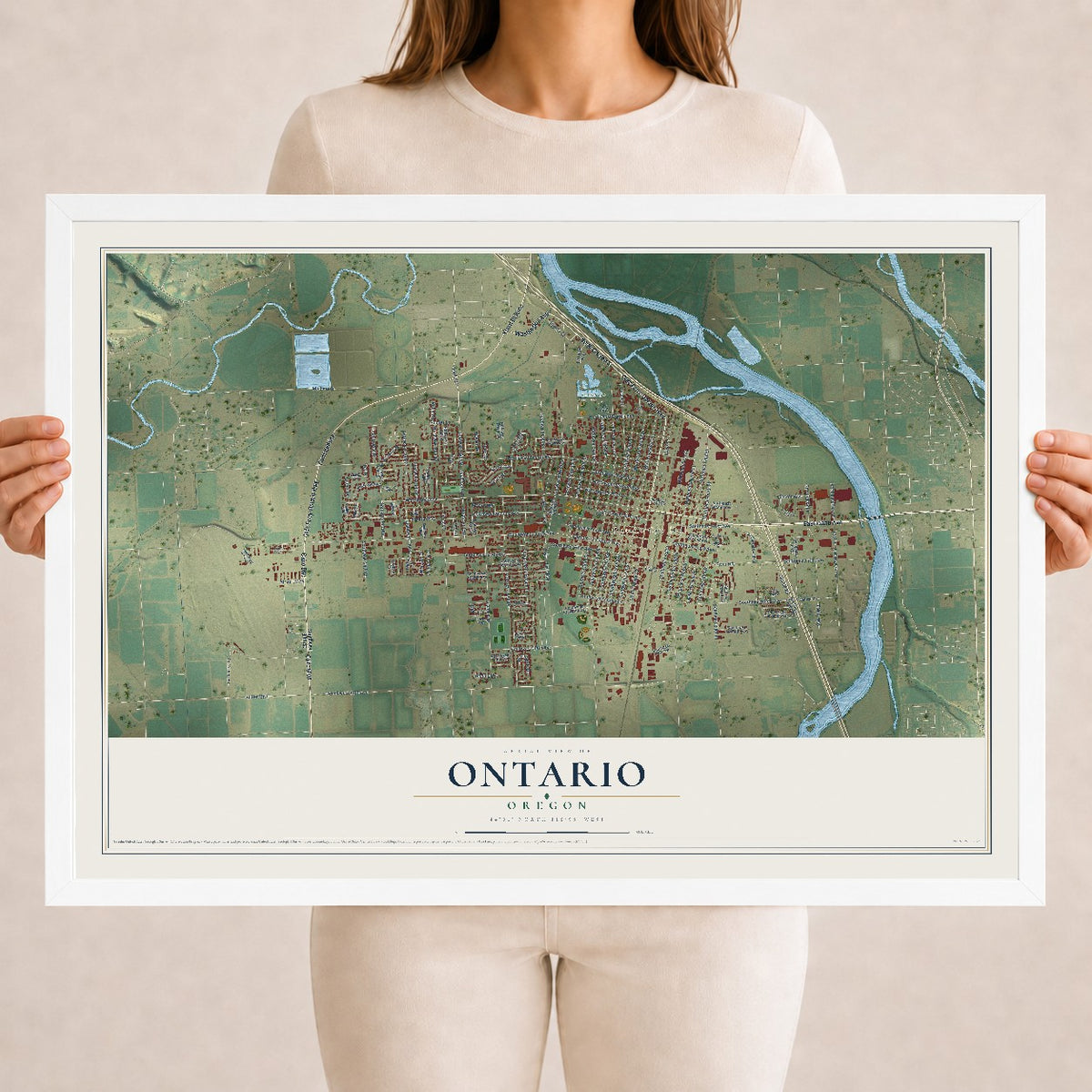 Map of Ontario, Oregon, 18 x 24 inch print in a white wood frame