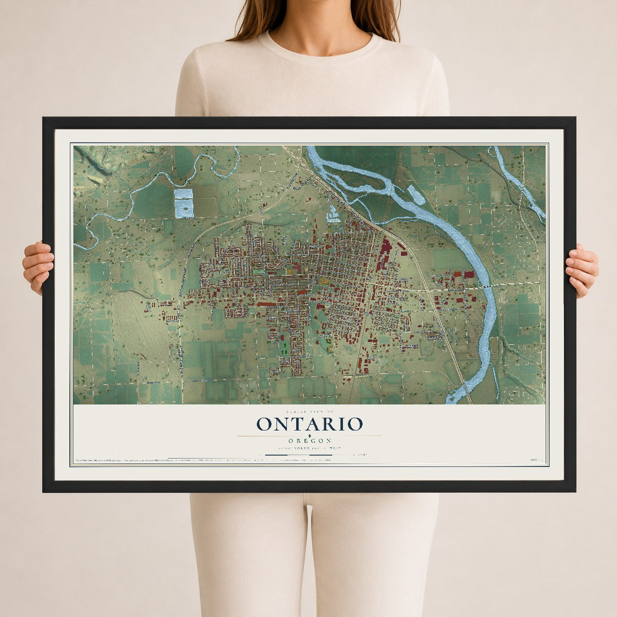 Map of Ontario, Oregon, 24 x 36 inch print in a black wood frame