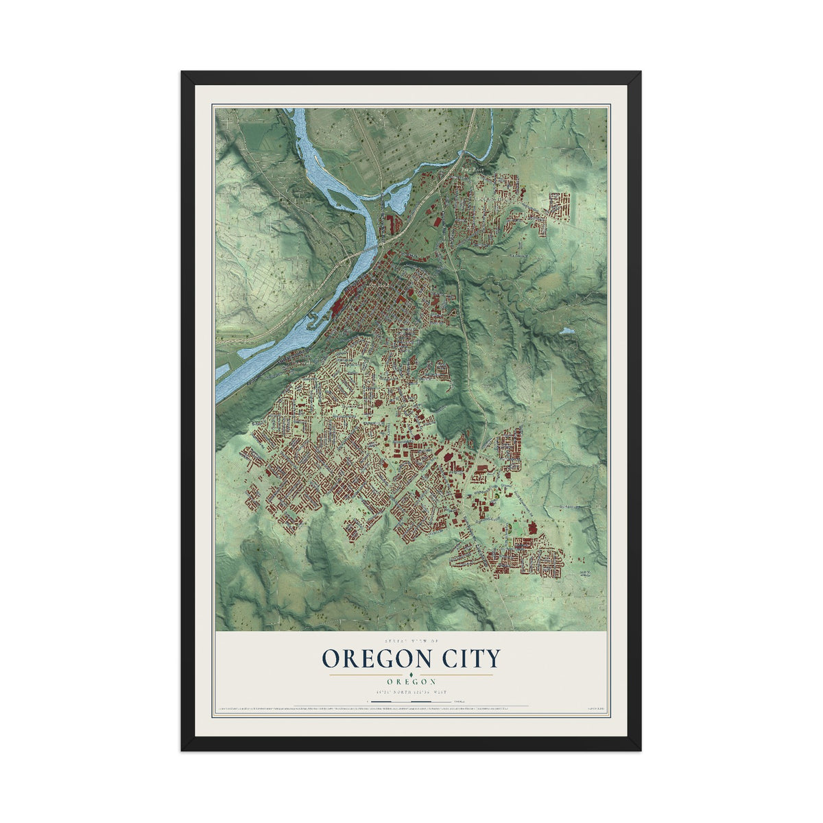 Map of Oregon City, Oregon, 12 x 18 inch print in a black wood frame