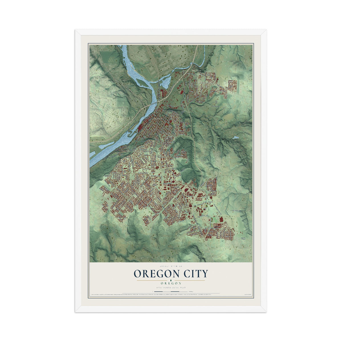 Map of Oregon City, Oregon, 12 x 18 inch print in a white wood frame