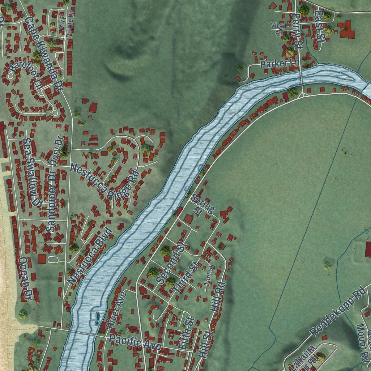 Close-up of the map of Pacific City, Oregon print showing street and building detail