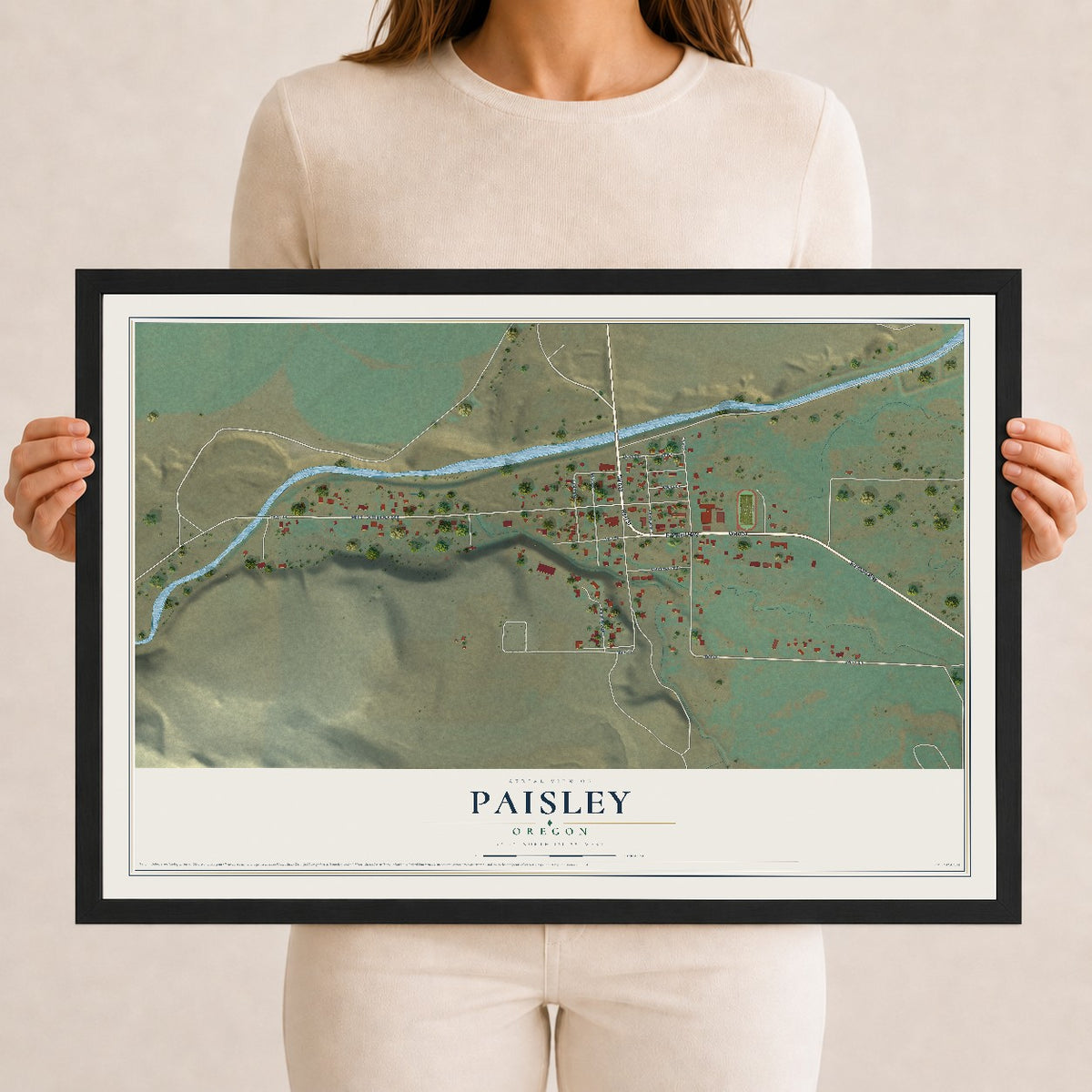Map of Paisley, Oregon, 12 x 18 inch print in a black wood frame