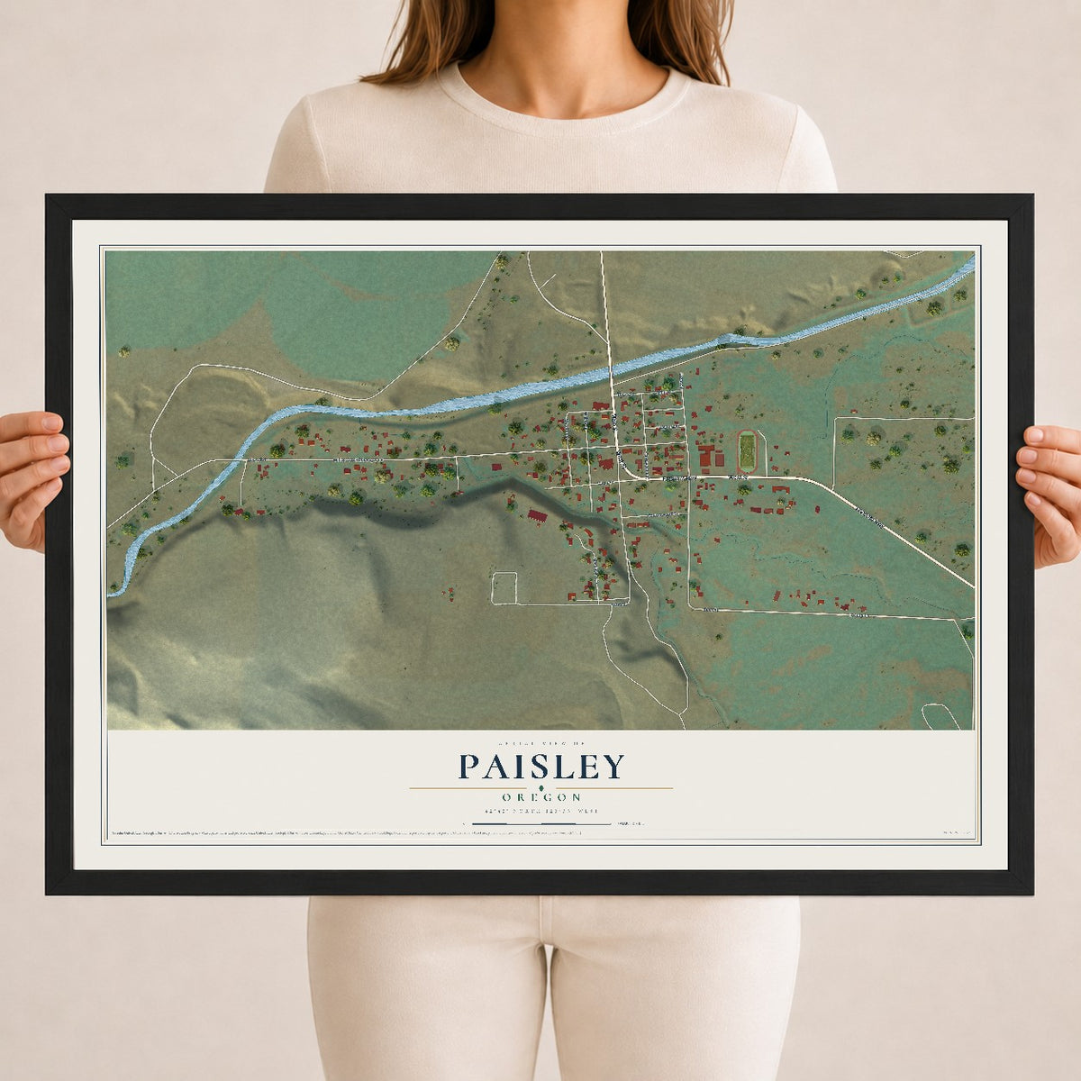 Map of Paisley, Oregon, 18 x 24 inch print in a black wood frame
