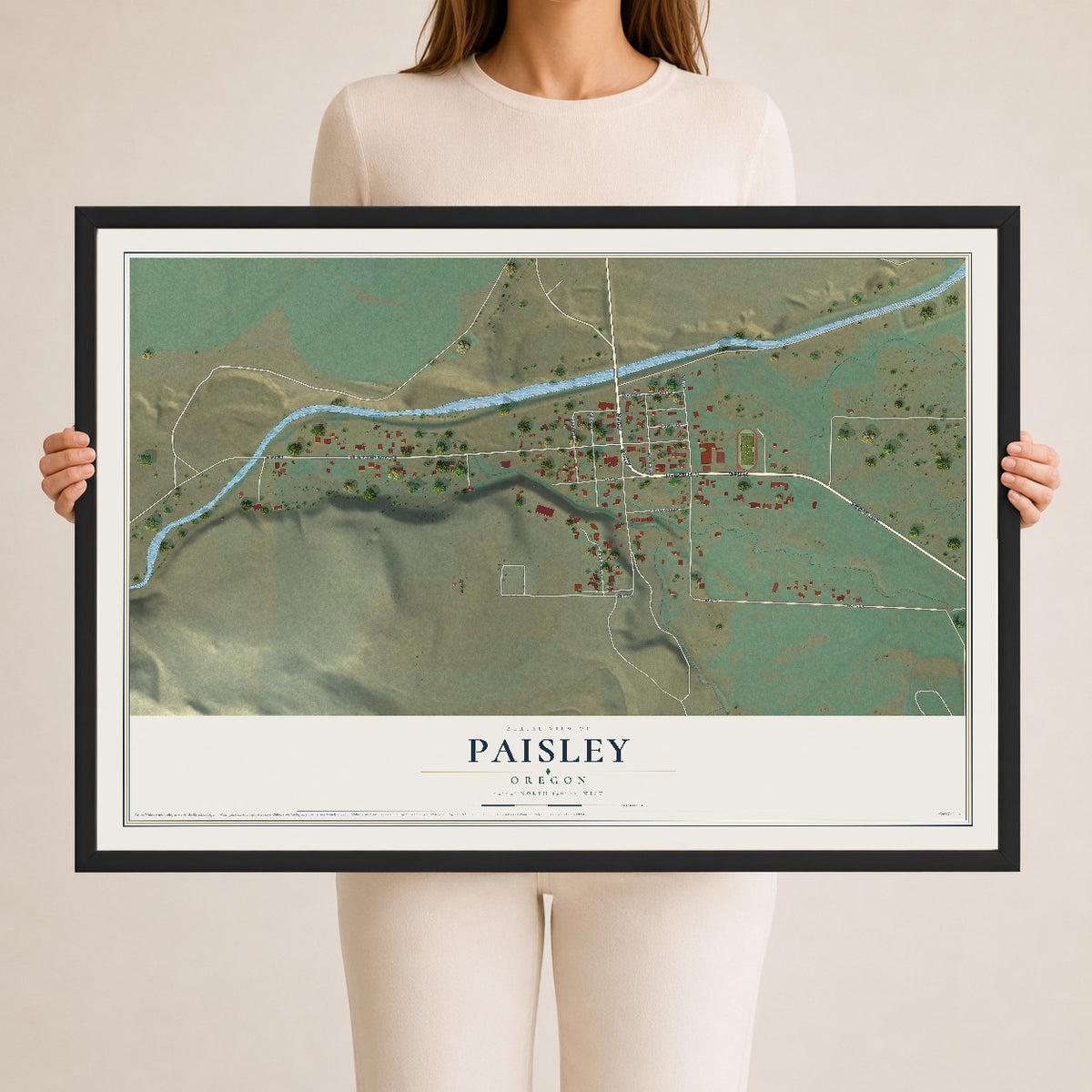 Map of Paisley, Oregon, 24 x 36 inch print in a black wood frame