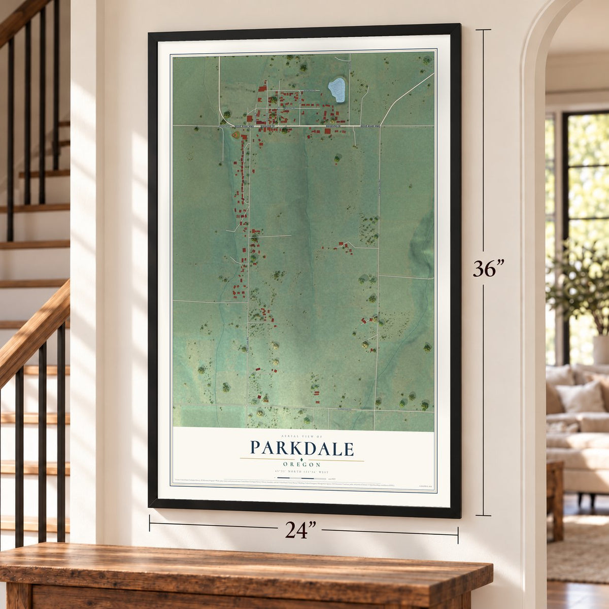 Parkdale, Oregon map, 24 x 36 inch print in a black frame by a staircase