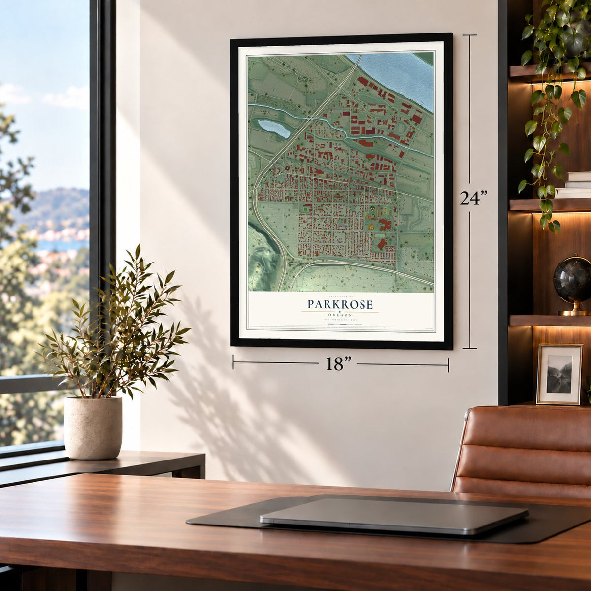 Parkrose, Oregon map, 18 x 24 inch print in a black frame in a home office