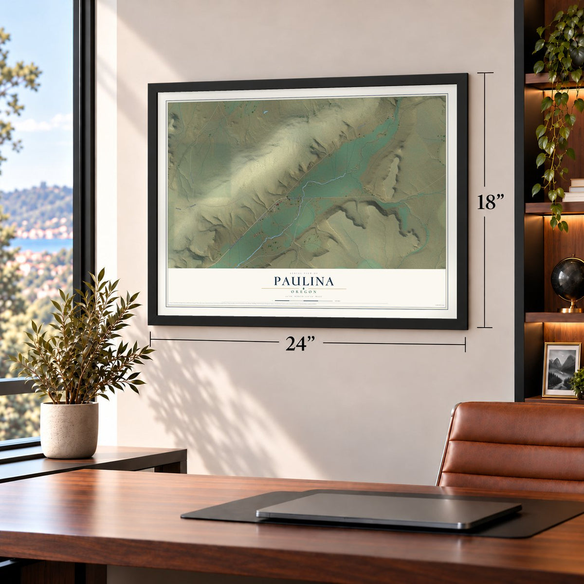 Paulina, Oregon map, 18 x 24 inch print in a black frame in a home office