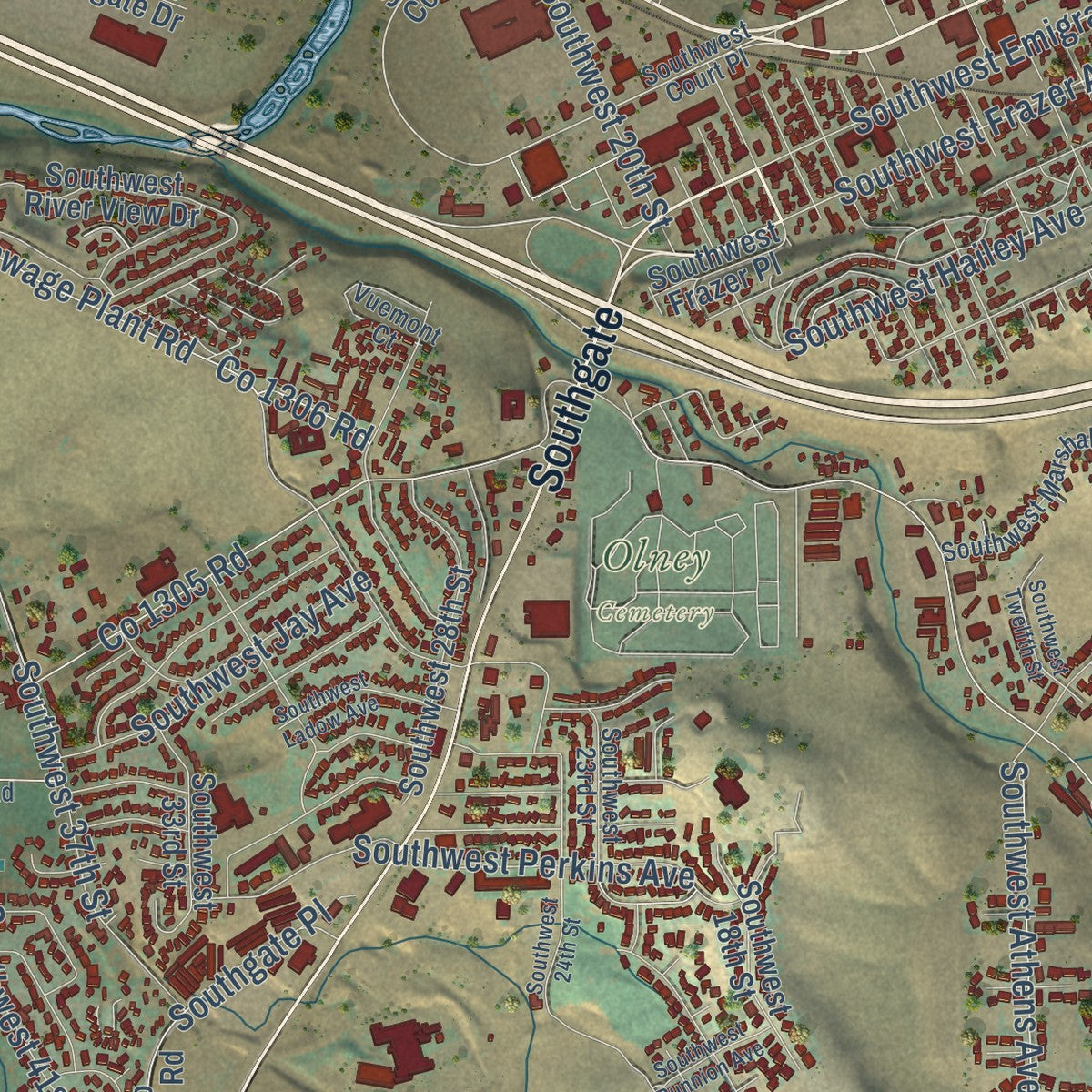 Close-up of the map of Pendleton, Oregon print showing street and building detail
