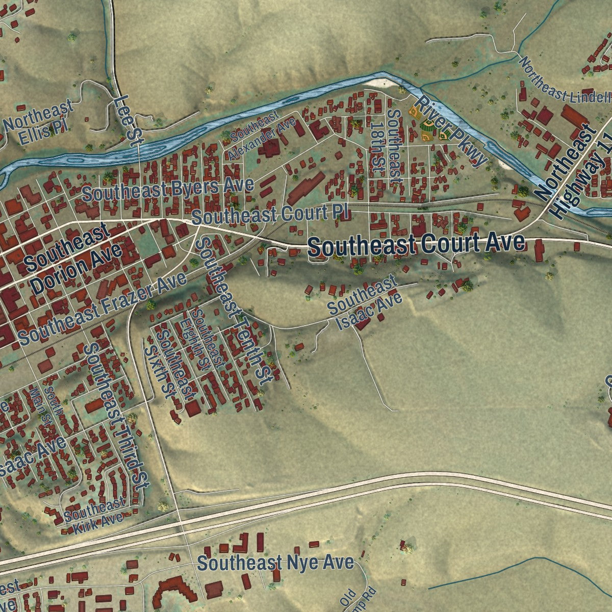 Second close-up of the map of Pendleton, Oregon print showing more streets and buildings