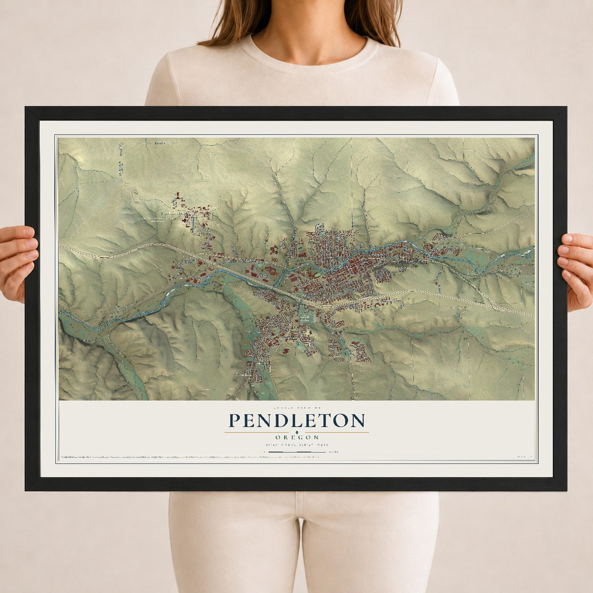 Map of Pendleton, Oregon, 18 x 24 inch print in a black wood frame