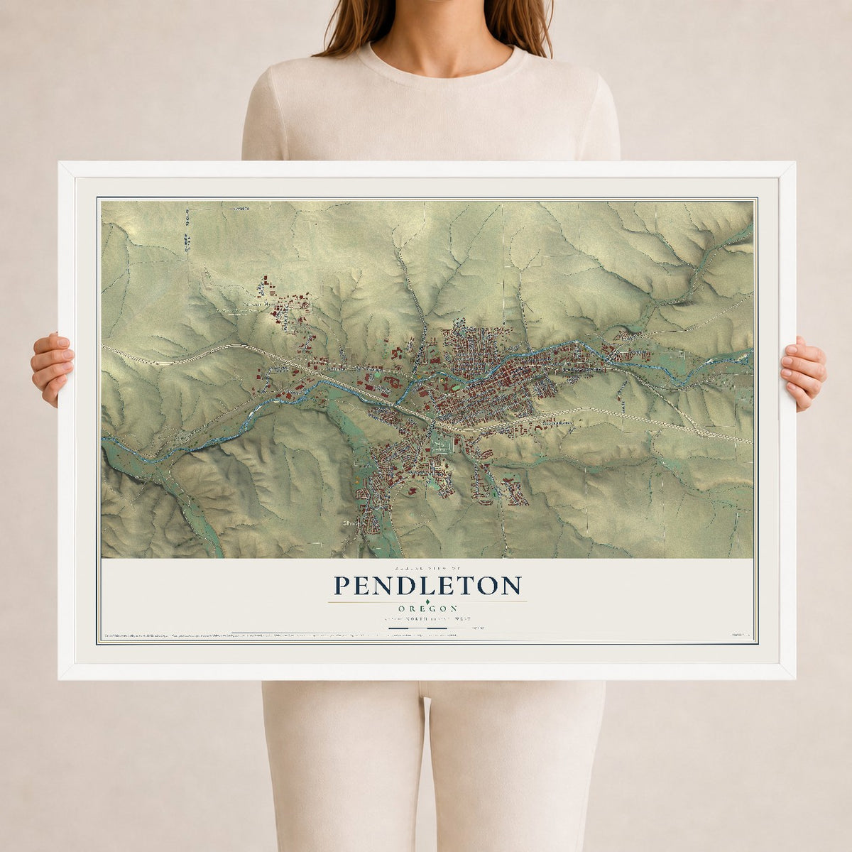 Map of Pendleton, Oregon, 24 x 36 inch print in a white wood frame