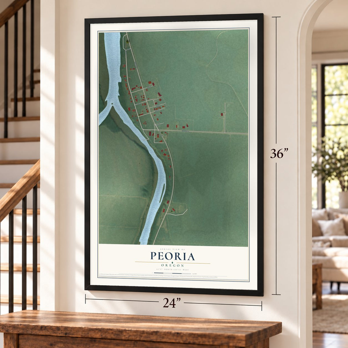 Peoria, Oregon map, 24 x 36 inch print in a black frame by a staircase
