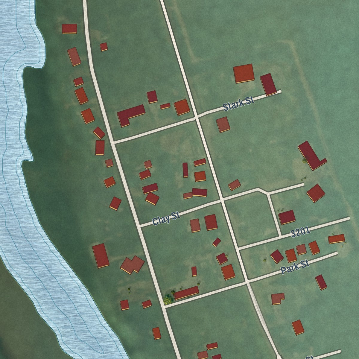 Close-up of the map of Peoria, Oregon print showing street and building detail