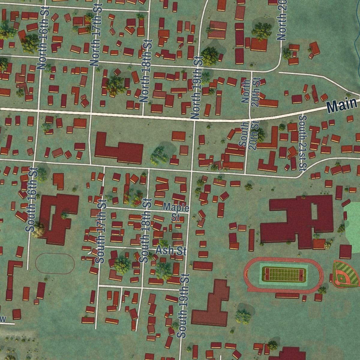 Second close-up of the map of Philomath, Oregon print showing more streets and buildings