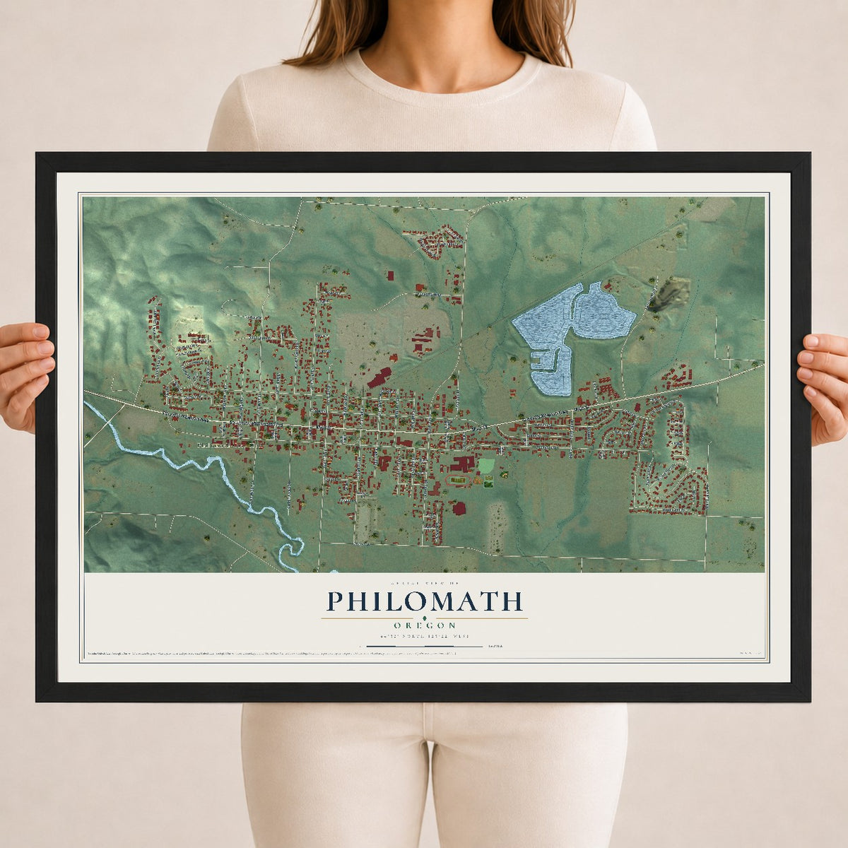 Map of Philomath, Oregon, 18 x 24 inch print in a black wood frame