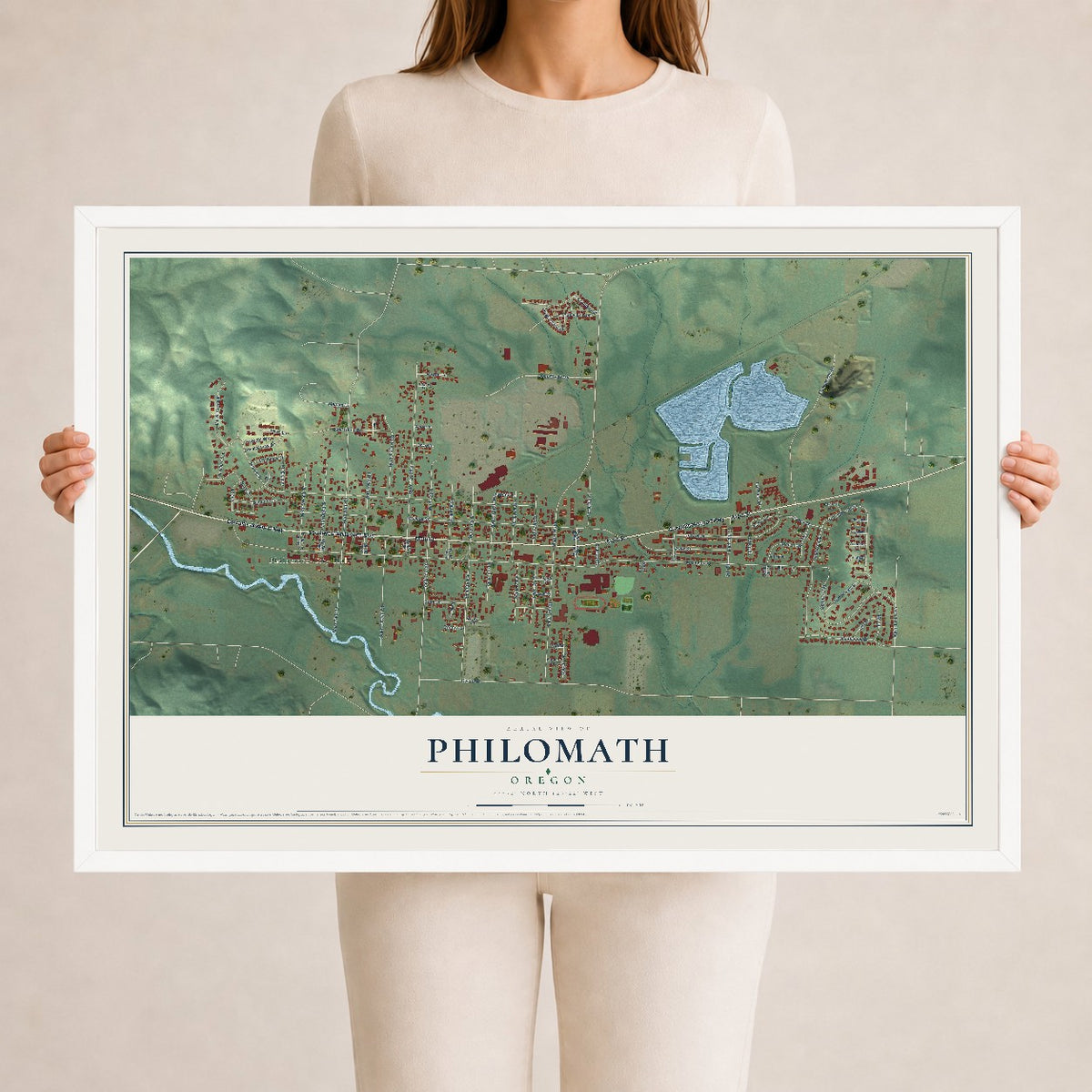 Map of Philomath, Oregon, 24 x 36 inch print in a white wood frame