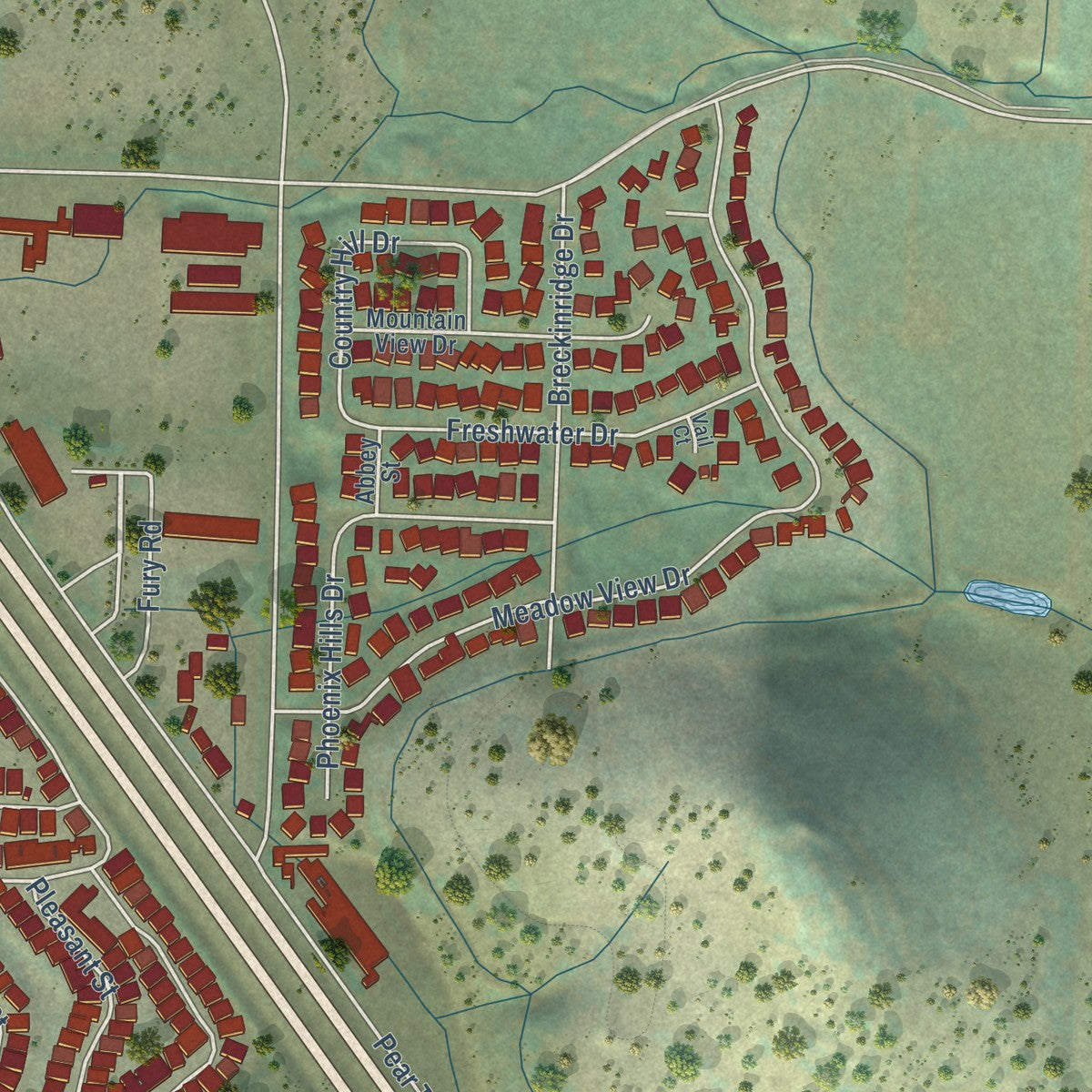 Second close-up of the map of Phoenix, Oregon print showing more streets and buildings