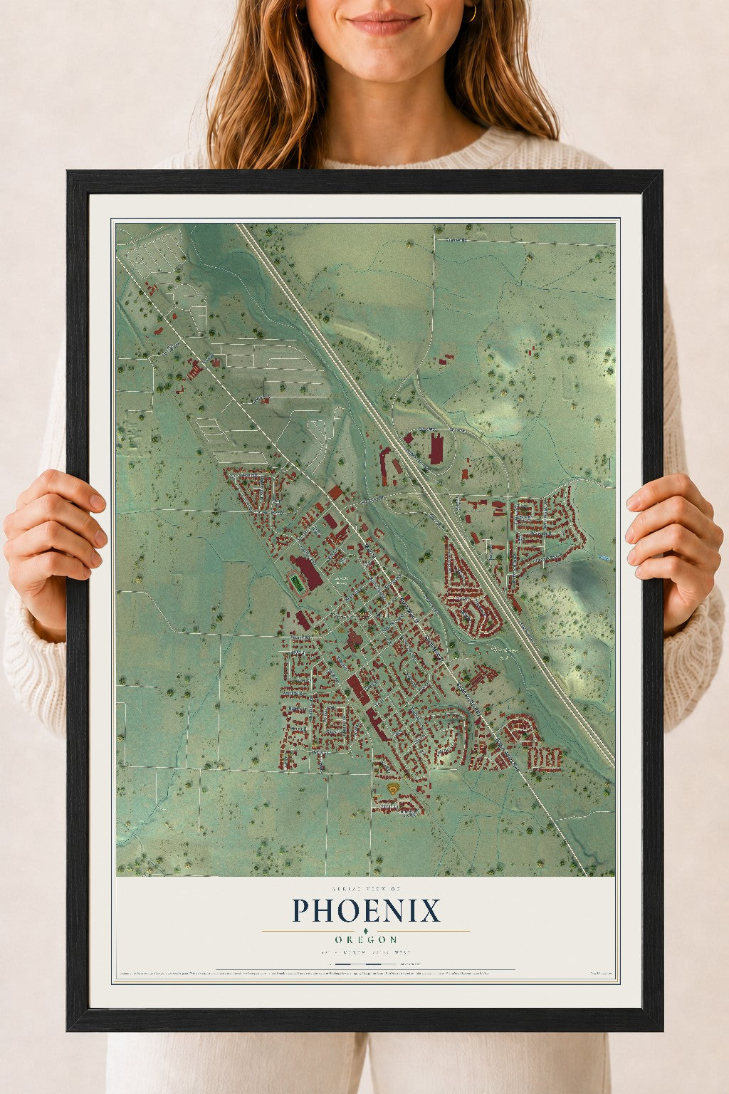 Map of Phoenix, Oregon, 18 x 24 inch print in a black wood frame