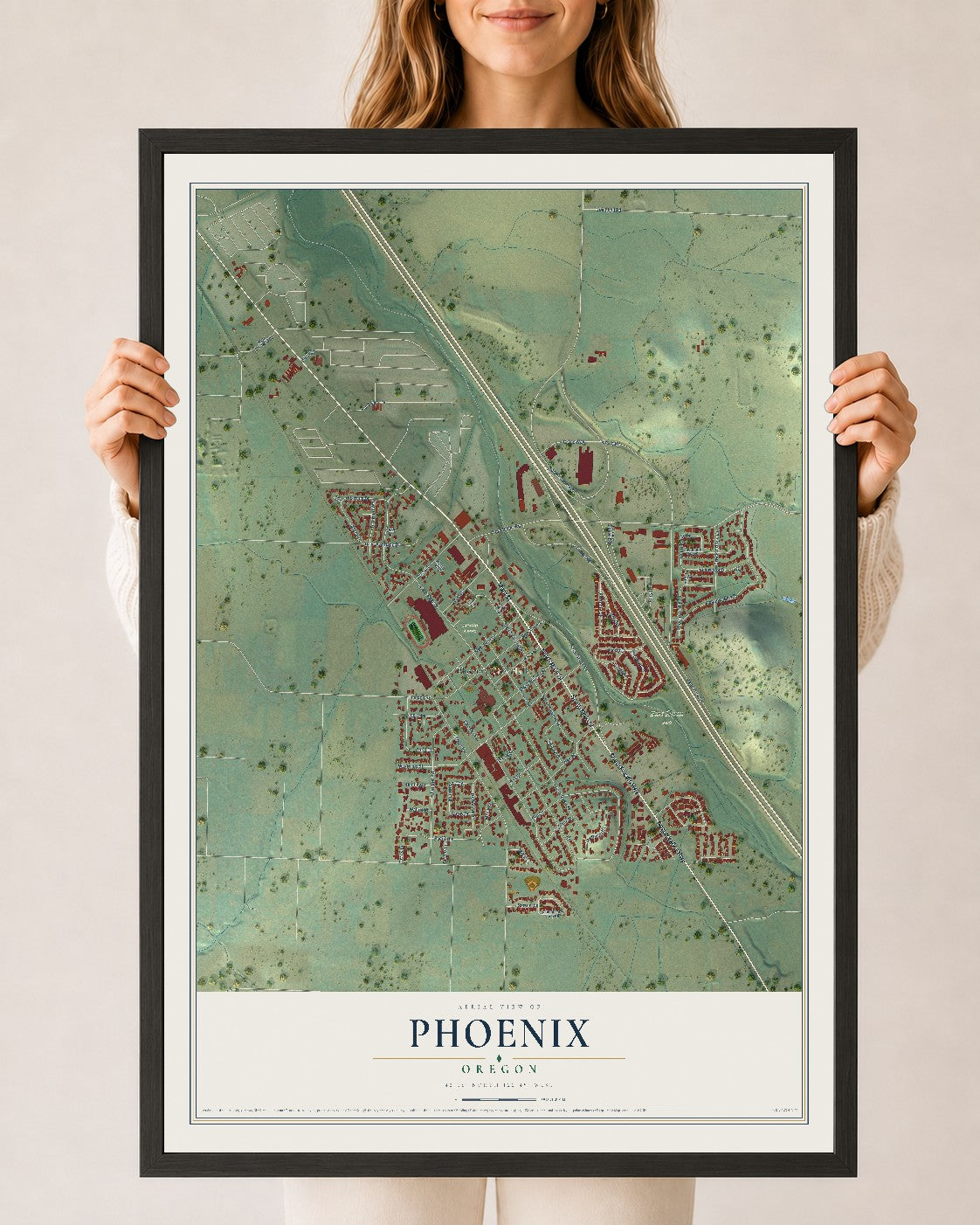 Map of Phoenix, Oregon, 24 x 36 inch print in a black wood frame