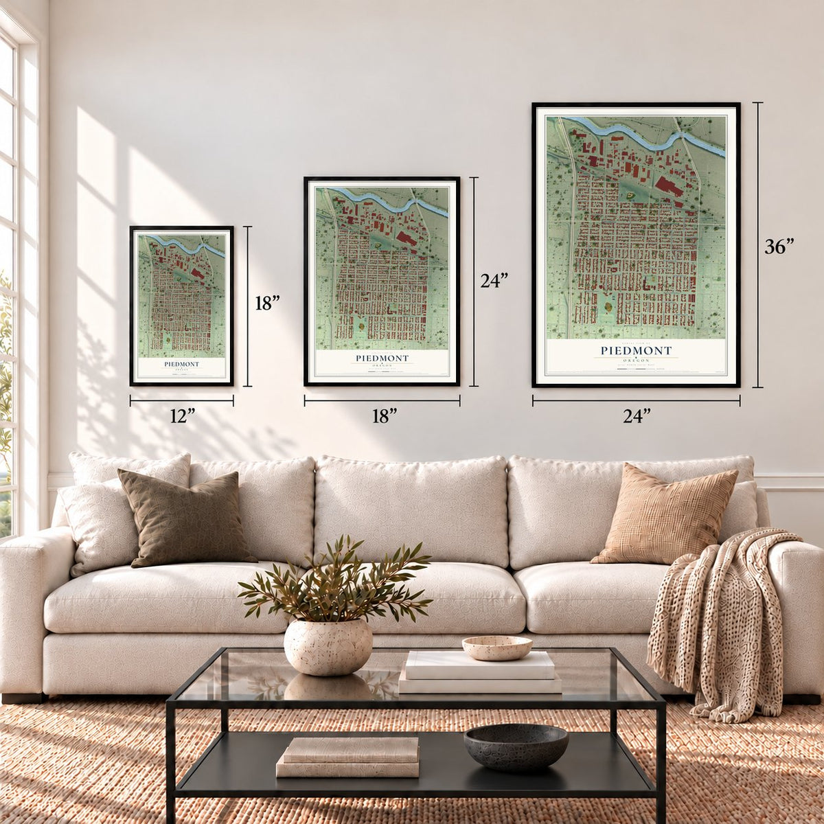 Piedmont, Oregon map in 12 x 18, 18 x 24 and 24 x 36 inch sizes above a sofa