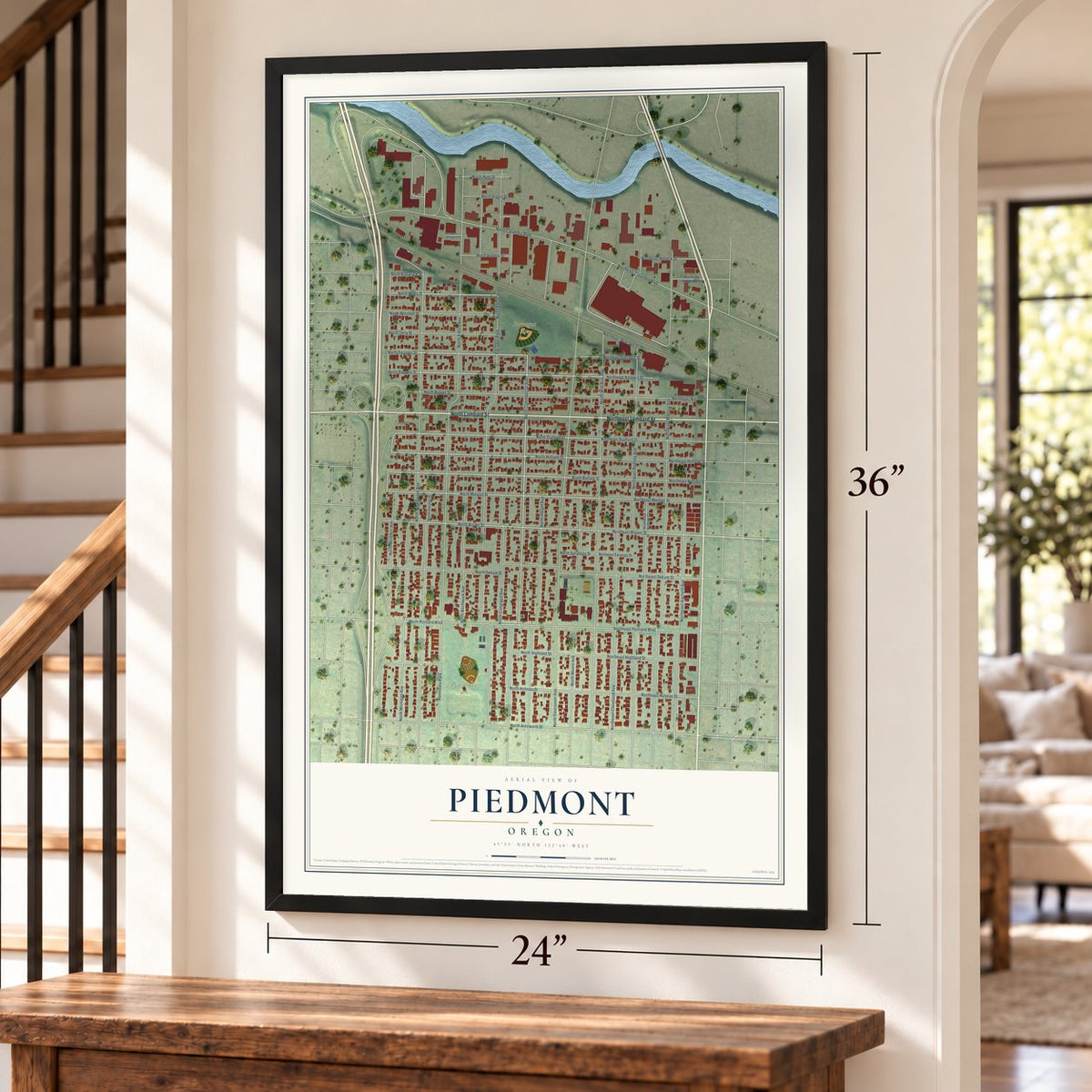 Piedmont, Oregon map, 24 x 36 inch print in a black frame by a staircase