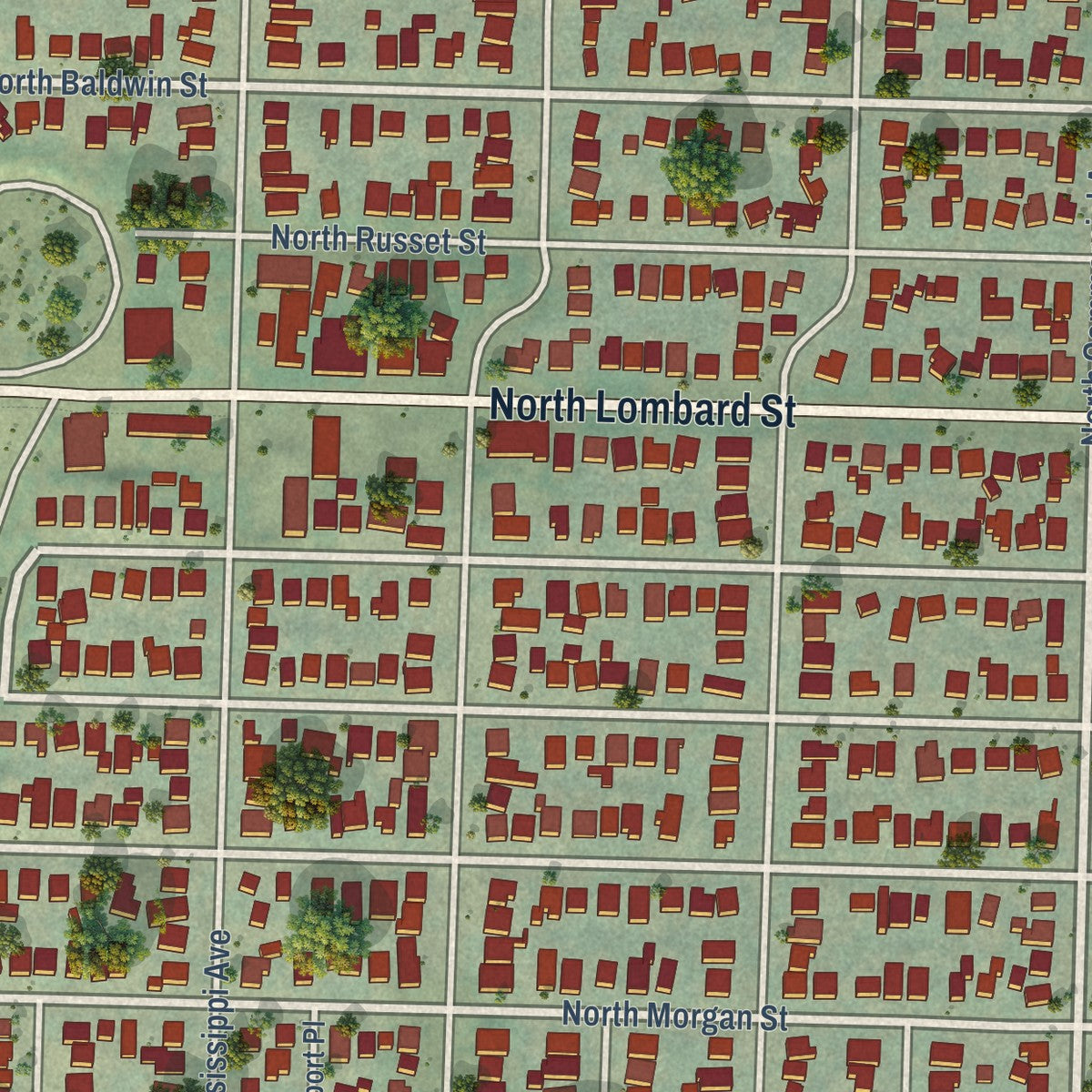 Close-up of the map of Piedmont, Oregon print showing street and building detail