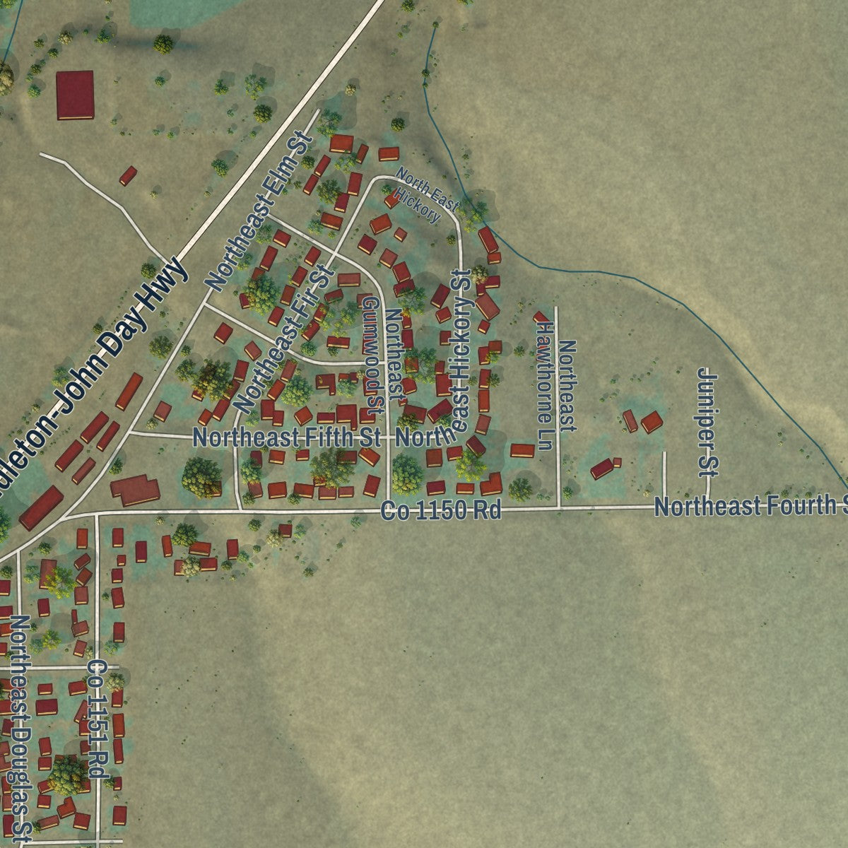 Second close-up of the map of Pilot Rock, Oregon print showing more streets and buildings