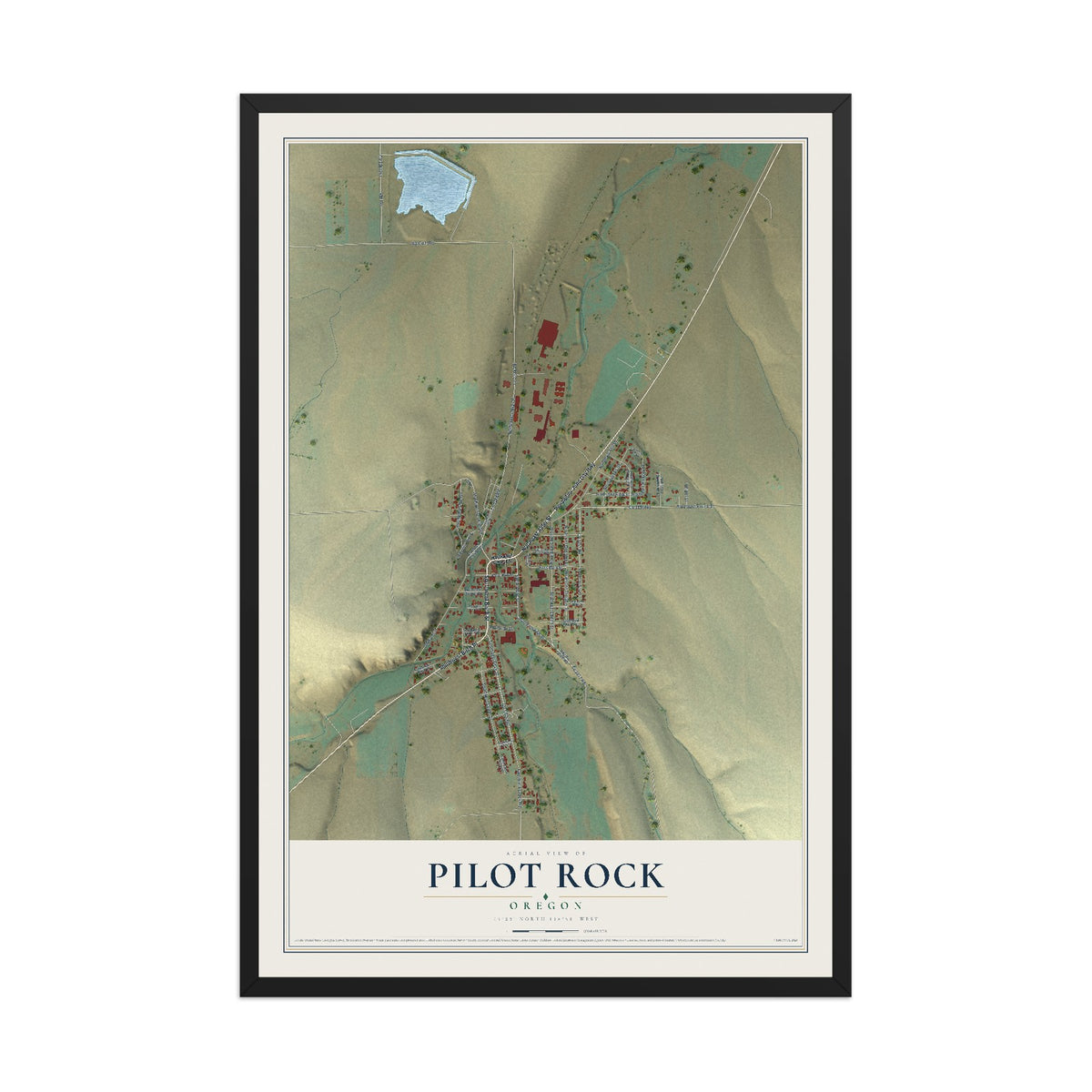 Map of Pilot Rock, Oregon, 12 x 18 inch print in a black wood frame