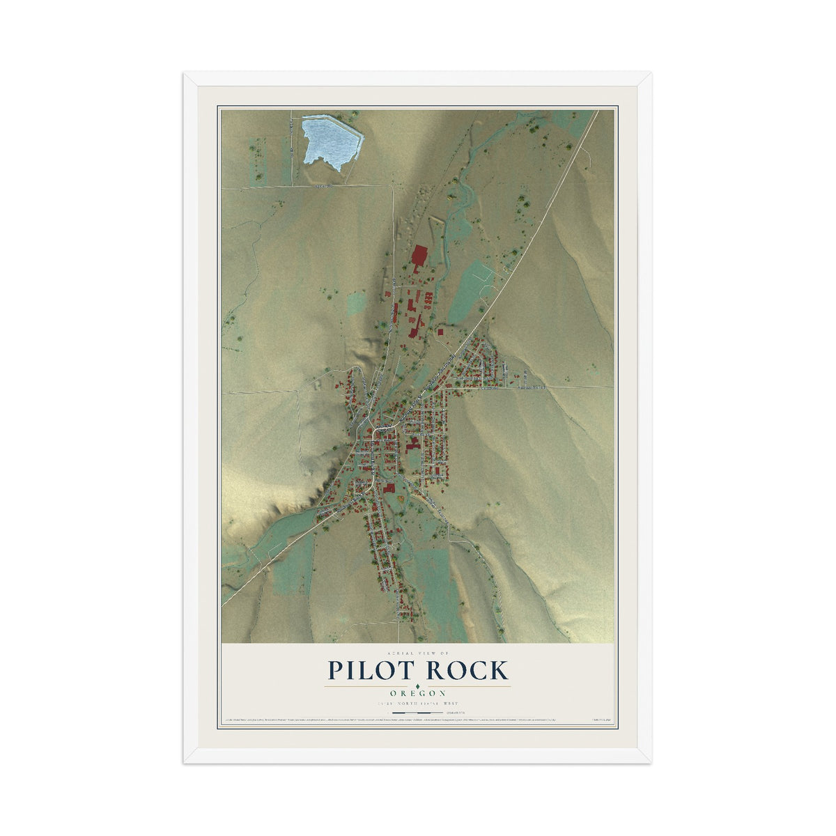 Map of Pilot Rock, Oregon, 12 x 18 inch print in a white wood frame