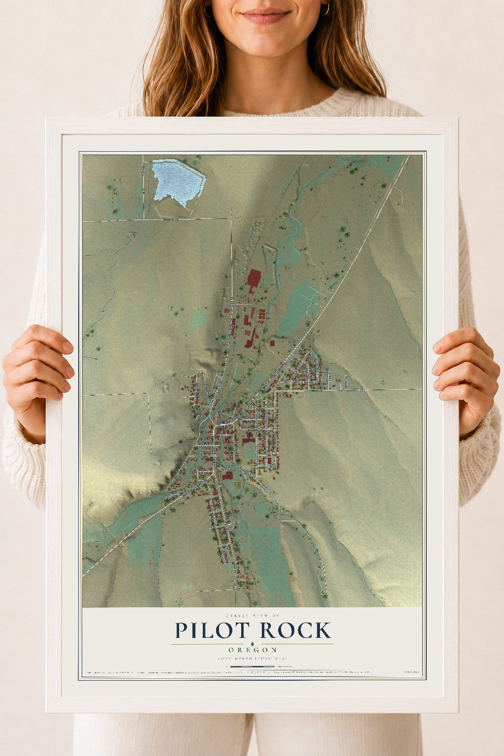 Map of Pilot Rock, Oregon, 18 x 24 inch print in a white wood frame