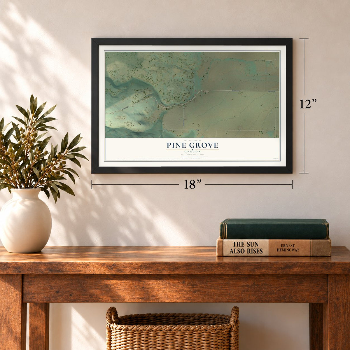 Pine Grove, Oregon map, 12 x 18 inch print in a black frame in an entryway