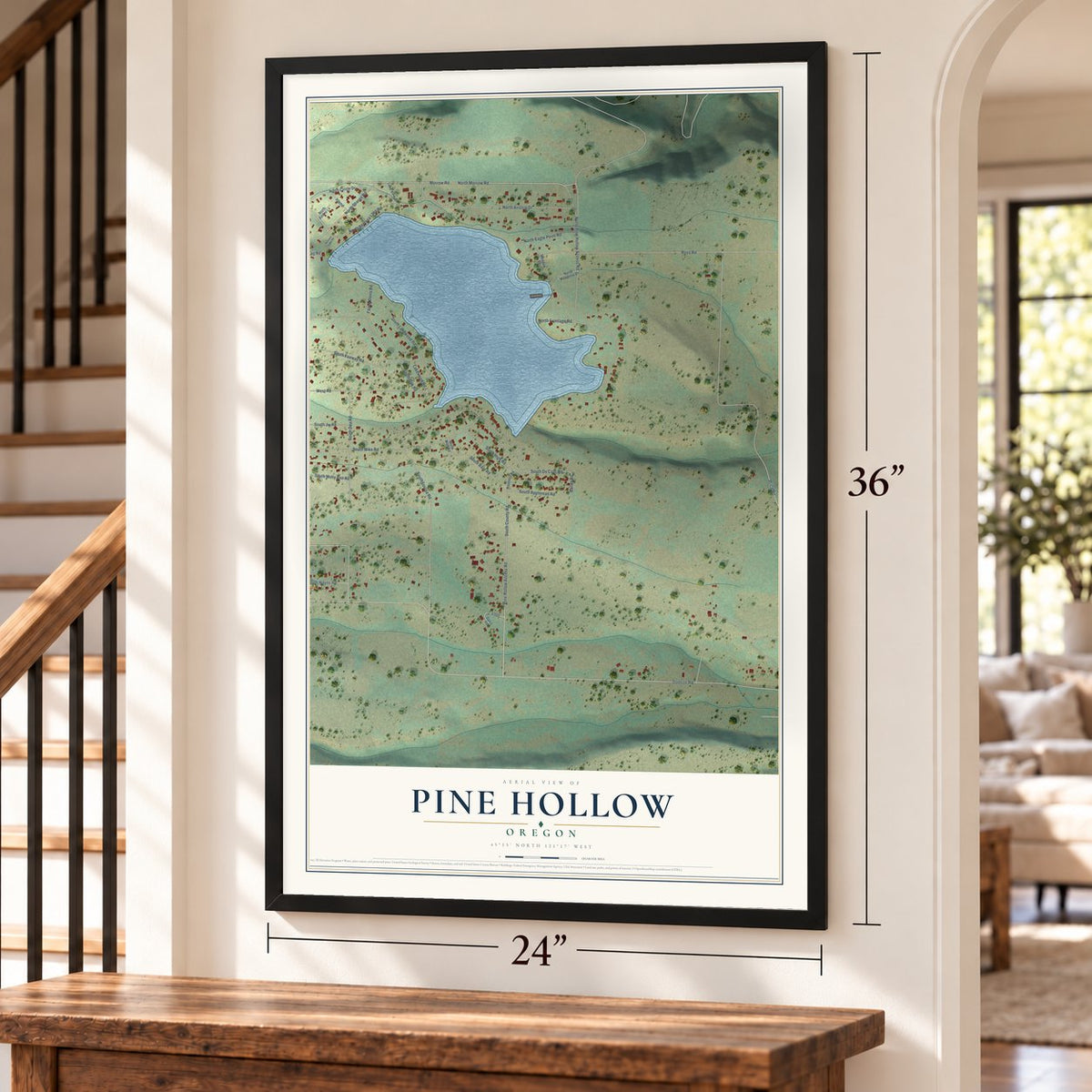 Pine Hollow, Oregon map, 24 x 36 inch print in a black frame by a staircase