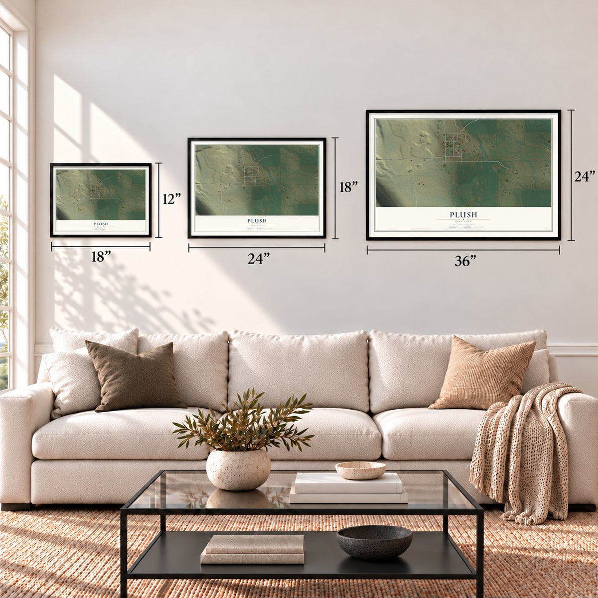 Plush, Oregon map in 12 x 18, 18 x 24 and 24 x 36 inch sizes above a sofa
